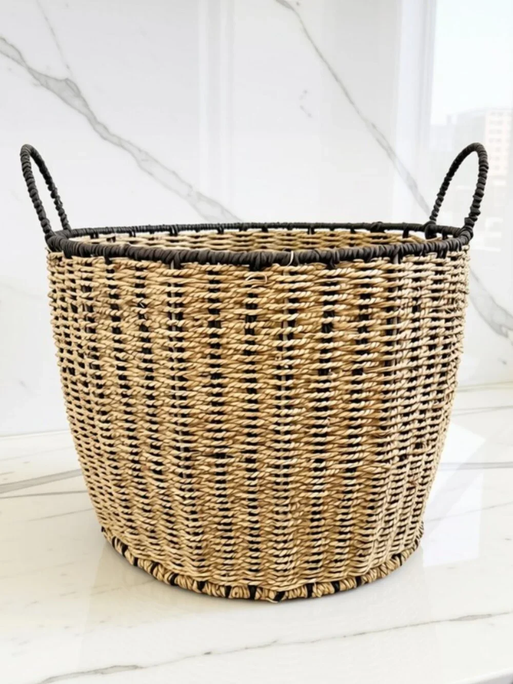 Natural Seagrass & Rattan Round Tote Basket